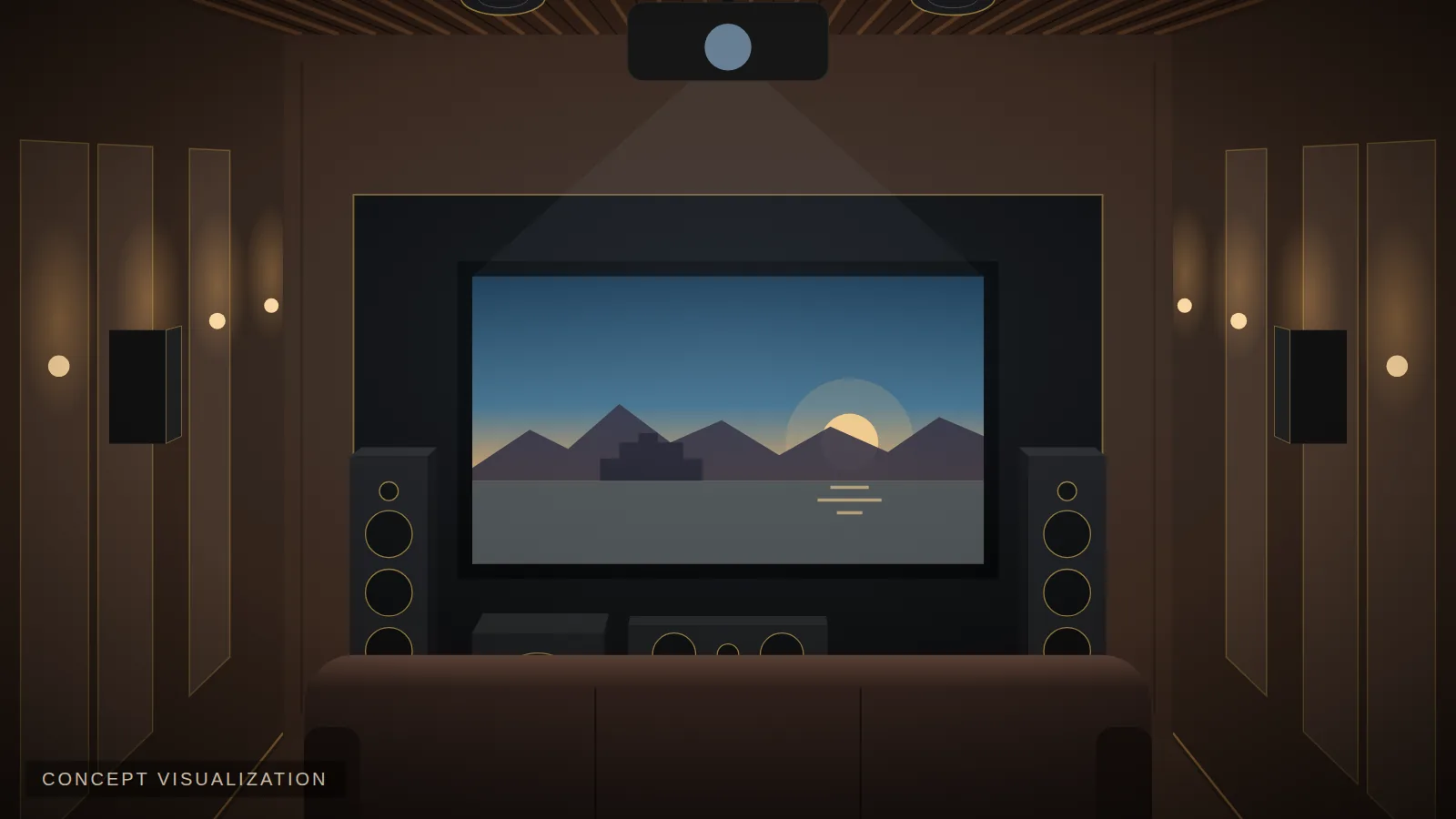 home theater with floor-standing speakers and wooden ceiling — concept