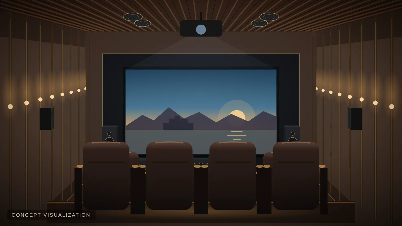 wooden home cinema with slatted ceiling and floor-standing speakers — concept